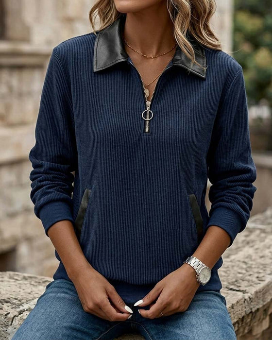 Sweatshirt Revers Fermeture Éclair Manche Longue