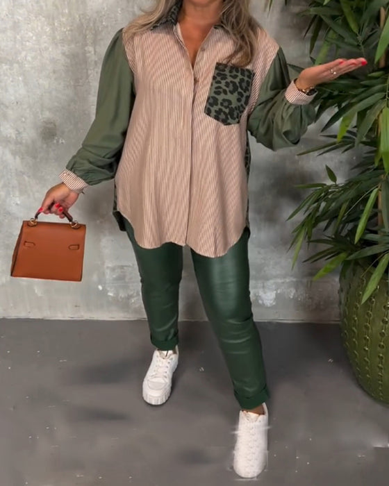 Chemise imprimée léopard à revers et manches lanternes