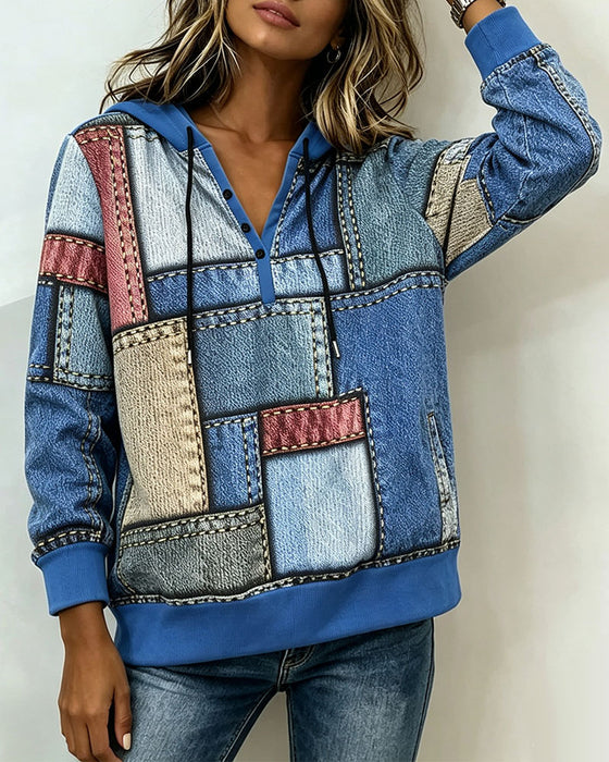 Hoodie Col V Bloc De Couleur Bouton