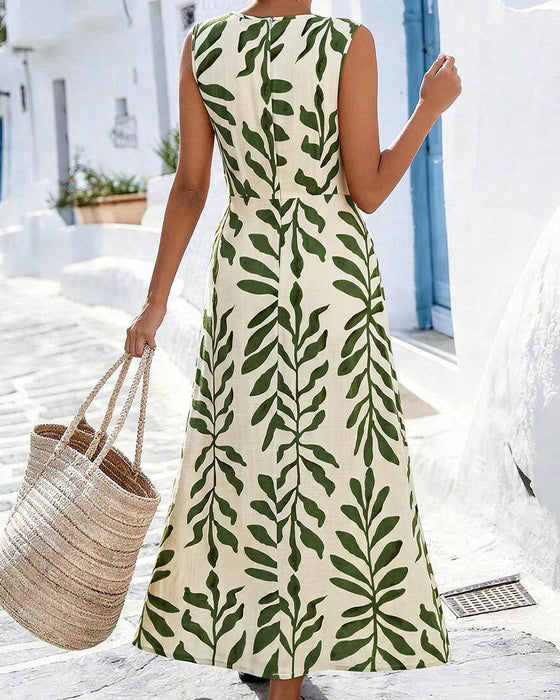 Robe Feuilles Vertes Taille Cintrée Sans Manches