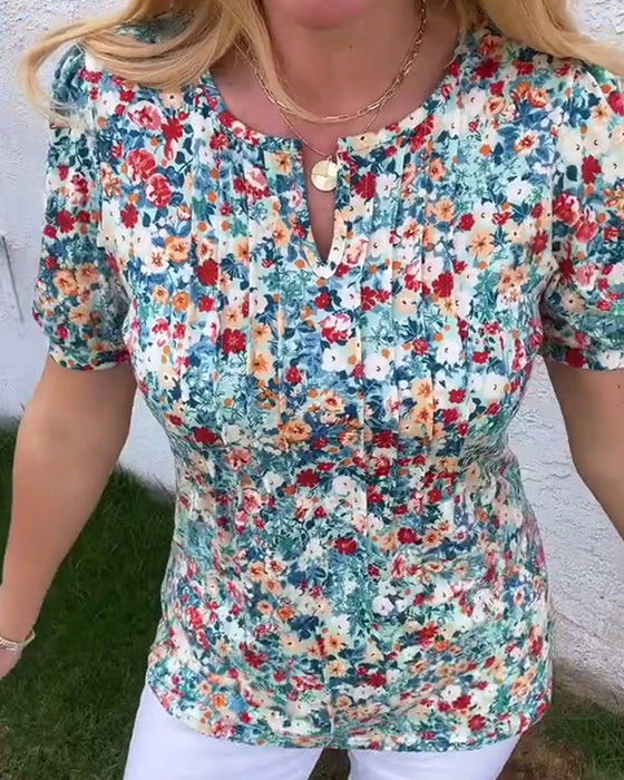 Blouse Manches Courtes Imprimé Fleuri Plissée