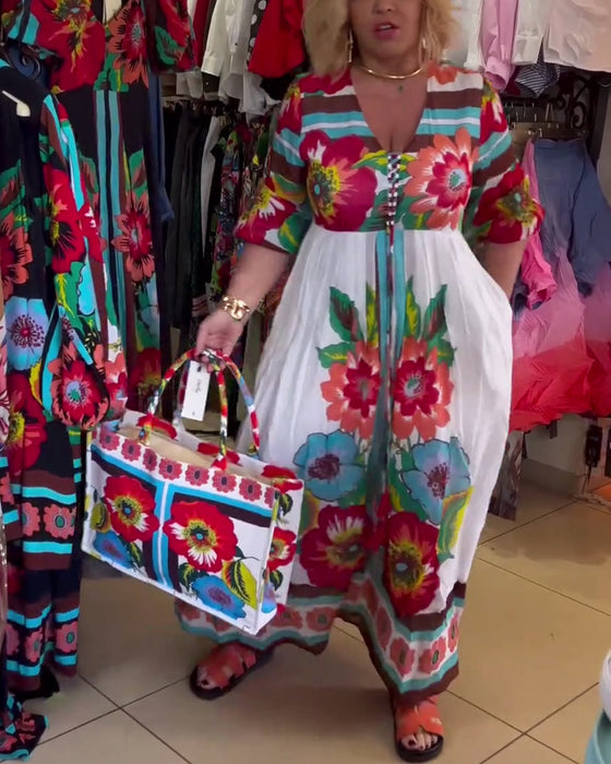 Robe florale décontractée ample en V profond