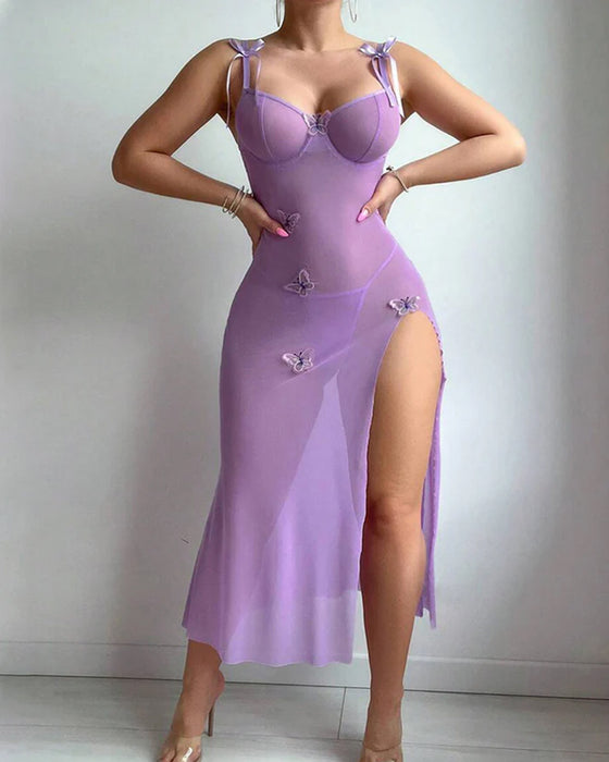 Robe En Mesh À Papillons, Fente Haute Et Bretelles