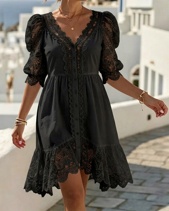 Robe Manche Bouffante Dentelle Courte