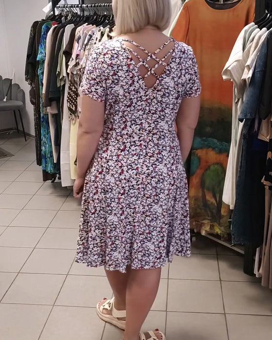 Robe Col Rond Imprimé Fleuri Manches Courtes