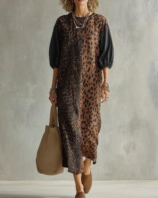 Robe Léopard Imprimé Bloc Couleur Manche Bouffante
