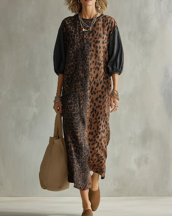 Robe Léopard Imprimé Bloc Couleur Manche Bouffante