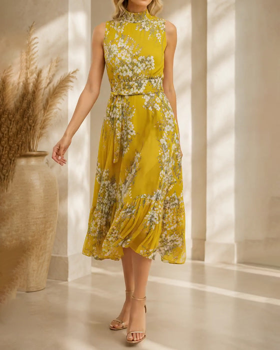 Robe Col Mock Sans Manches Cintrée Florale