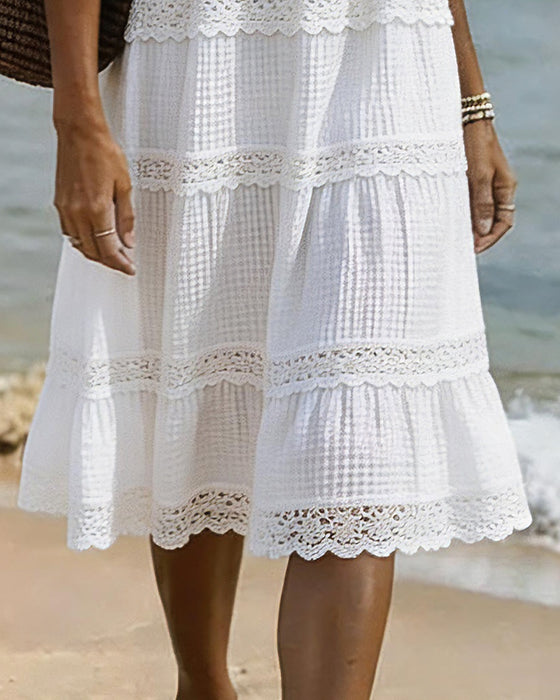 Robe Col V Dentelle Patchwork Manche Moyenne