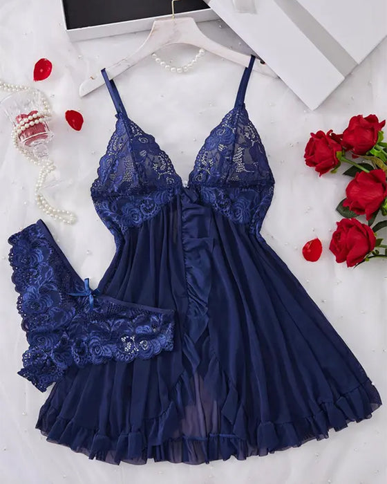 Chemise de Nuit Décolletée & Culotte Décor Nœud Set Femme Sexy Volant Dentelle