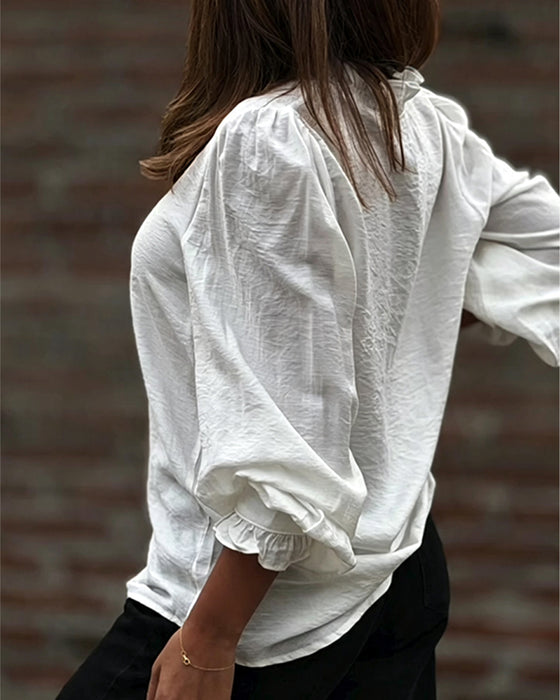 Blouse Col En V Bouton Devant Volant Manches Ballon