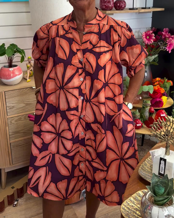 Robe Manches Ballon Fleurie Col Montant Chemise