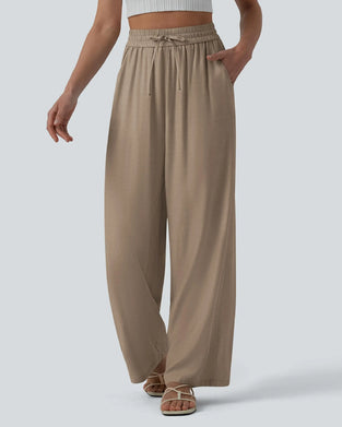 Pantalon Taille Élastique Jambe Large Attacher Décontracté