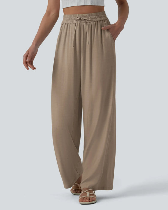 Pantalon Taille Élastique Jambe Large Attacher Décontracté