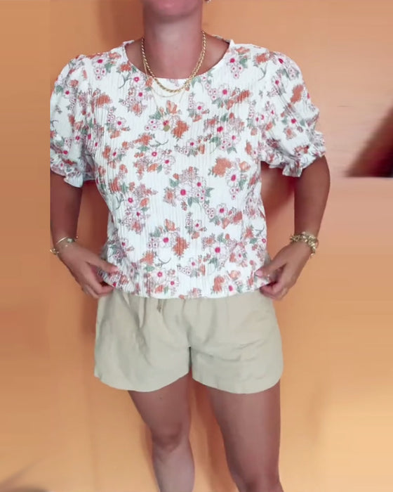 Blouse Col Rond Fleuri Manche Courte