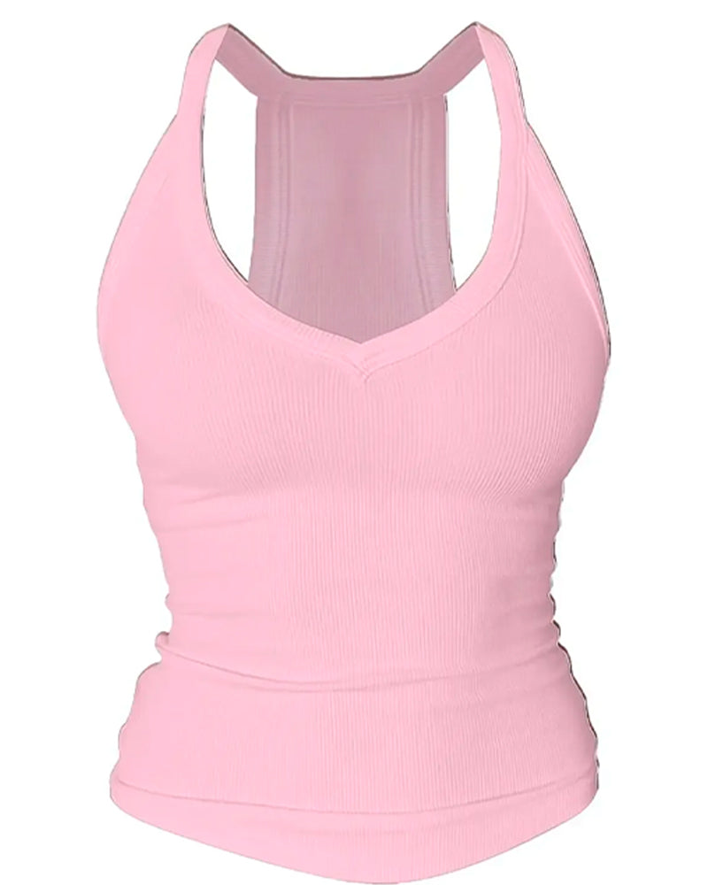 Haut Cami Soutien-Gorge Intégré Col En V Côtes Bretelles Spaghetti