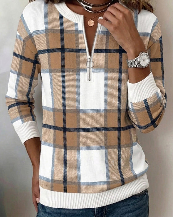 Sweatshirt À Carreaux Demi-Fermeture Éclair Col Rond Pull-Over