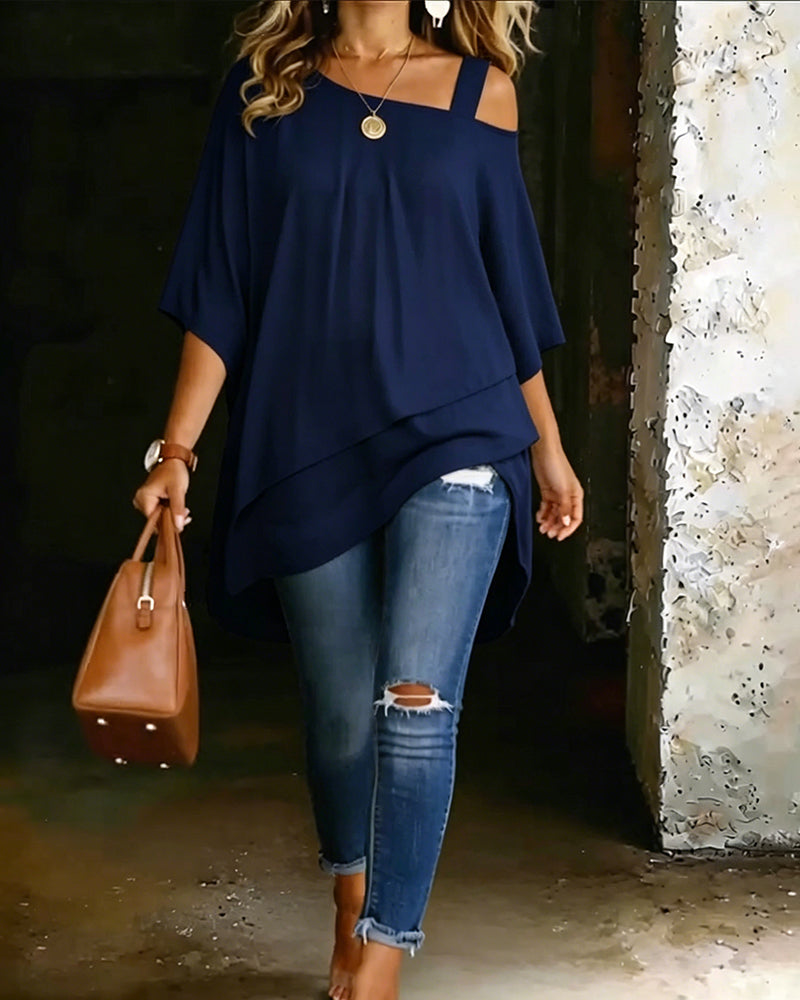 Blouse Asymétrique Épaule Dénudée Unie Décontractée