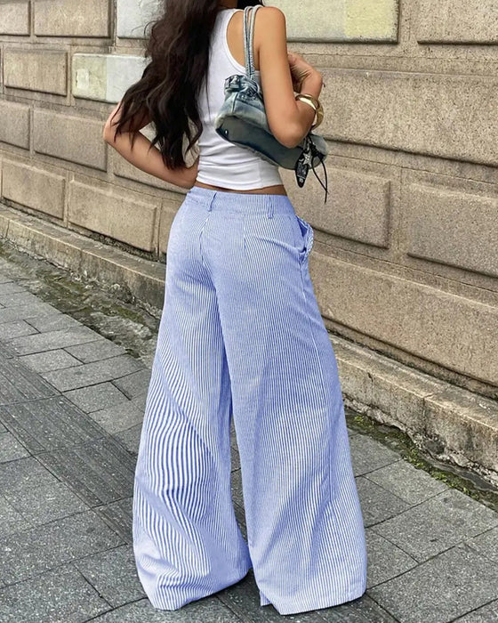 Pantalon Décontracté Rayé Large Jambe