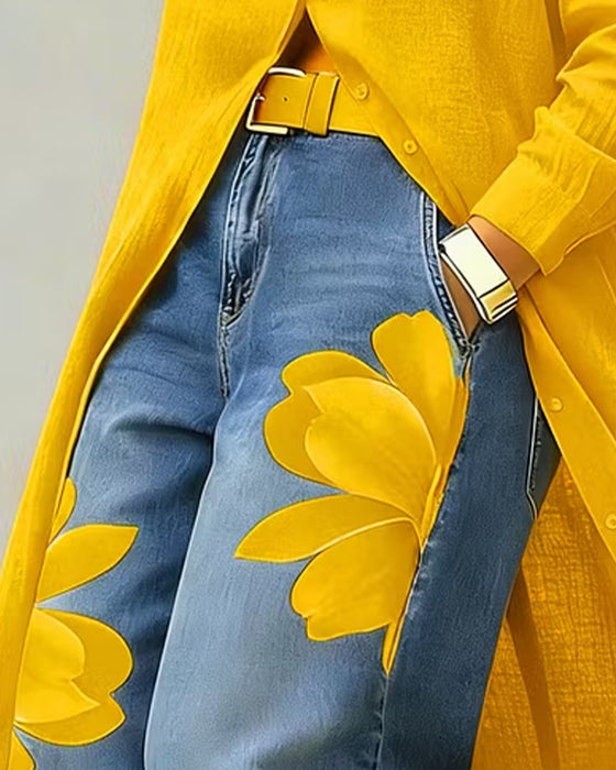 Jeans À Imprimé Floral Court Jambe Large