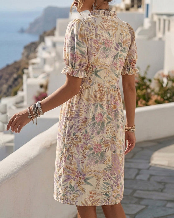 Robes Taille Cintrée Manche Bouffante Volant Floral