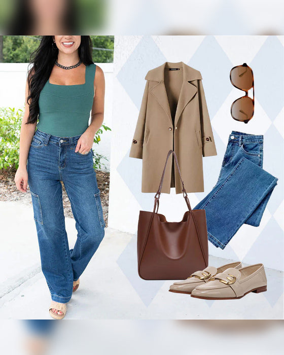 Jeans Damen Hoch Tailliert Cargo Weites Bein Stretch