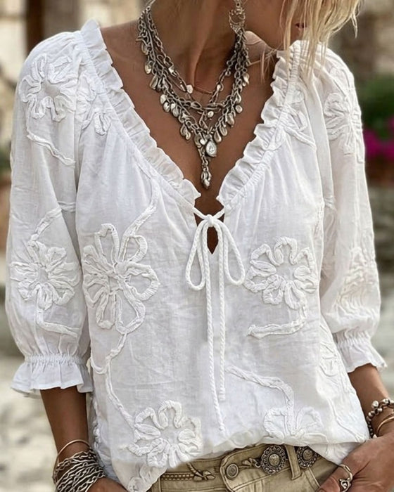Blouse Col V Enveloppe Cravate Volantée