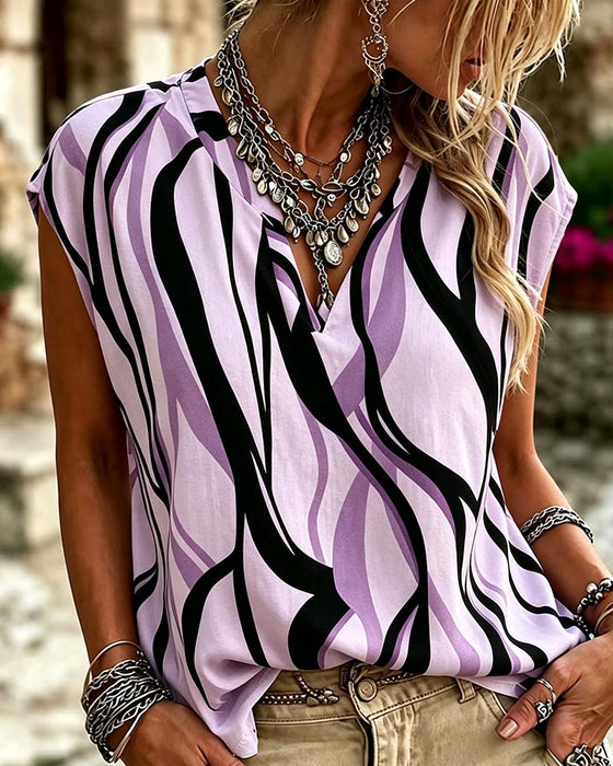 Blouse Col En V Rayure Sans Manches Décontractée