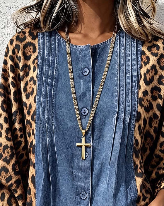 Blouse Col Rond Bouton Léopard Denim Patchwork