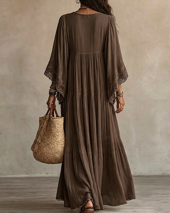Robe Col V Dentelle Patchwork Unie