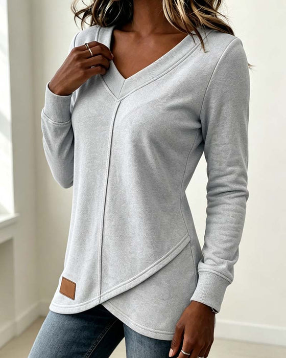 Sweatshirt Col-V Manche-Longue Croisé Asymétrique