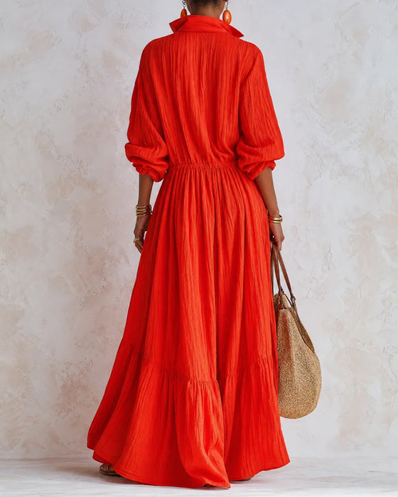 Robe Revers Taille Cintrée Chemise Évasée Longue