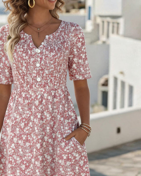 Robe Col V Manches Courtes Fleurie