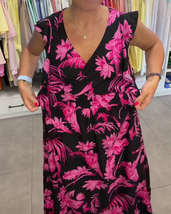 Robe Florale Tropicale Col En V Taille Cintrée Longue