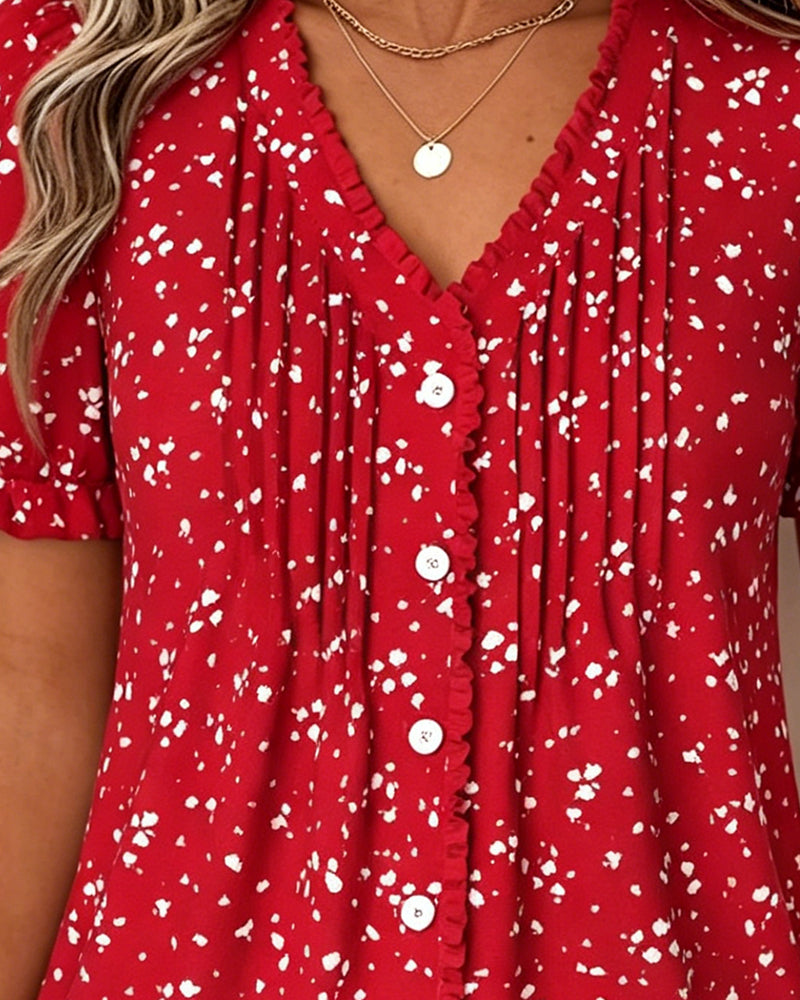 Blouse Col En V Plissée Petit Fleuri