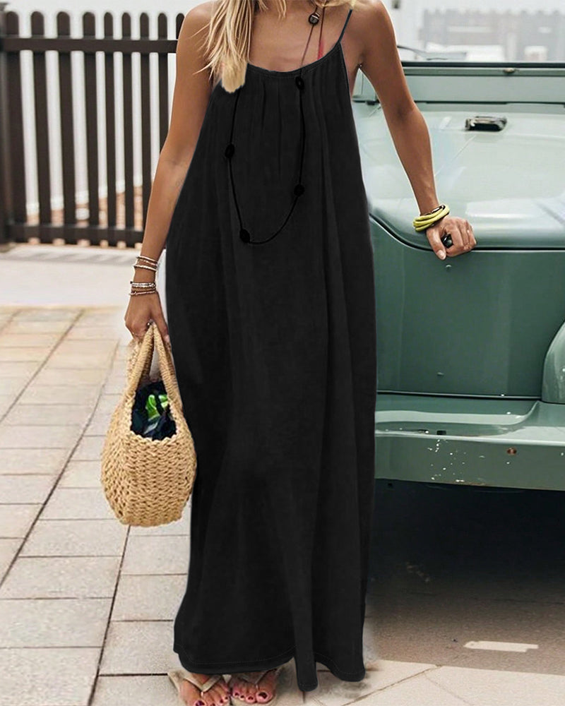 Robe Uni Couleur Plissé Dos Nu Bretelles Spaghetti Maxi