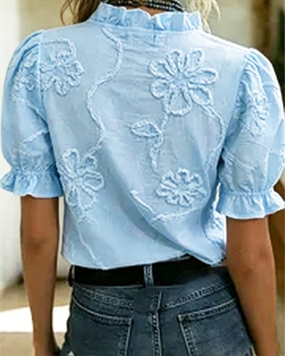 Blouse Col En V Bordure Volantée Manche Bouffante