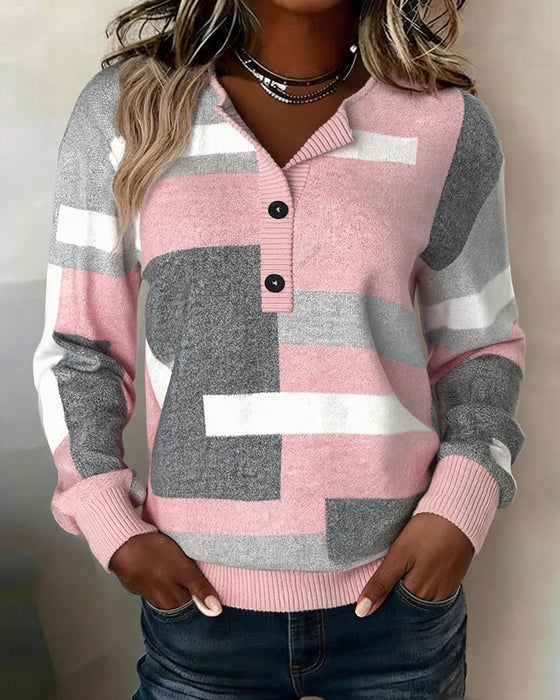 Sweatshirt À Carreaux Bouton-Devant Manche-Longue