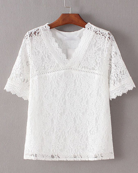 Blouse Uni Manches Courtes En Dentelle