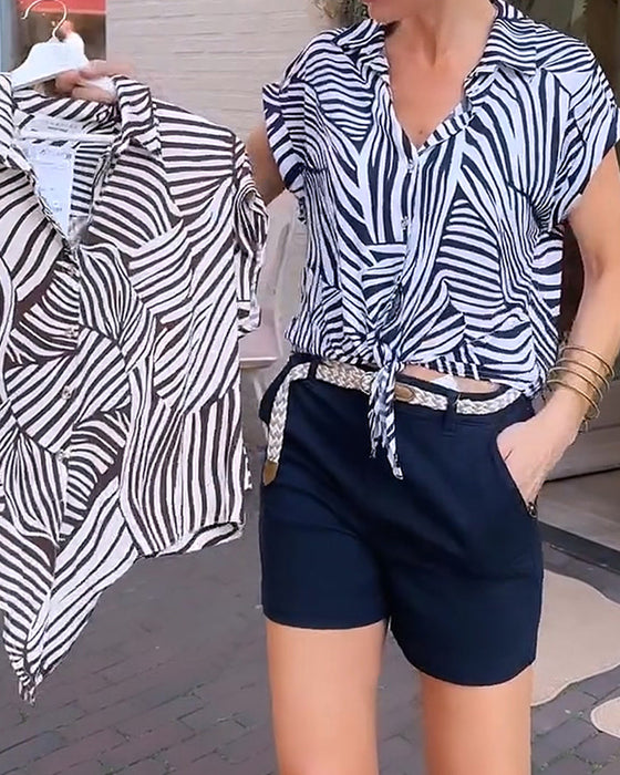 Blouse Zèbre Imprimé Revers Manches Courtes