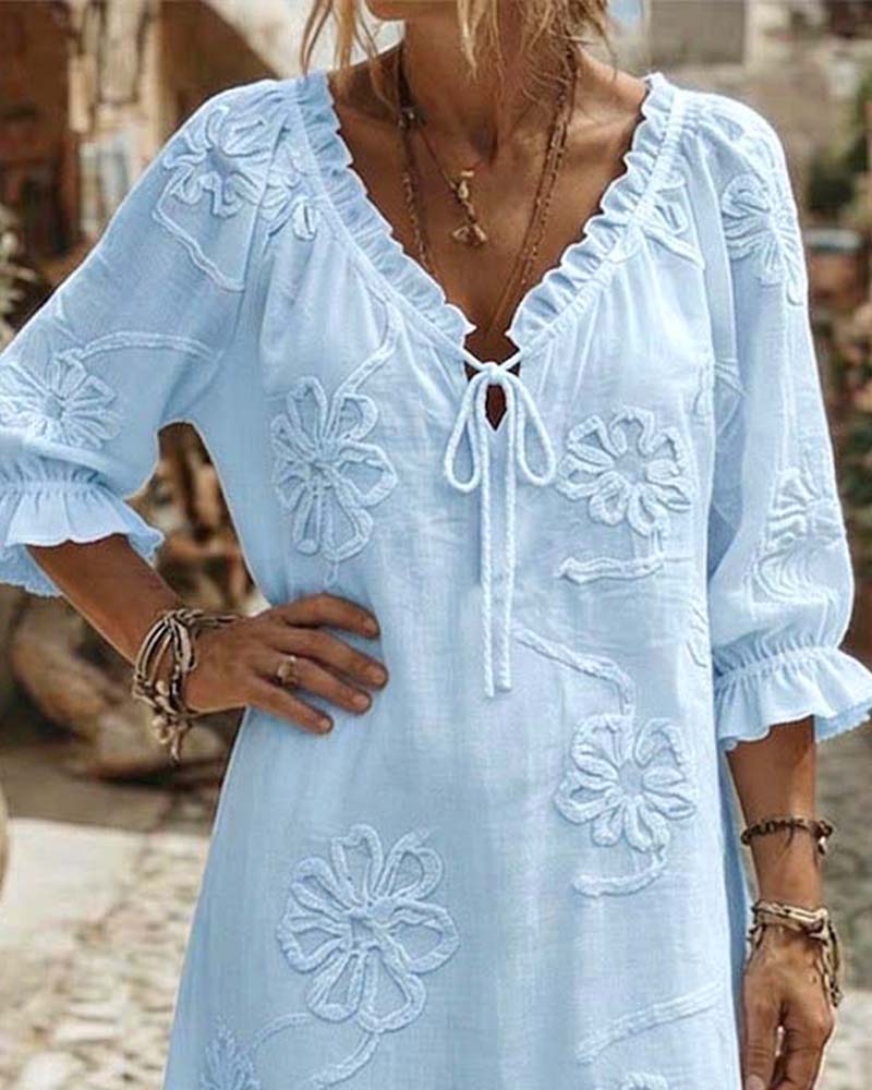 Robes Col V Volant Attacher 3D Floral