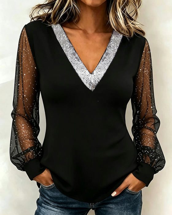 Blouse Élégante Col En V Patchwork Manches Longues