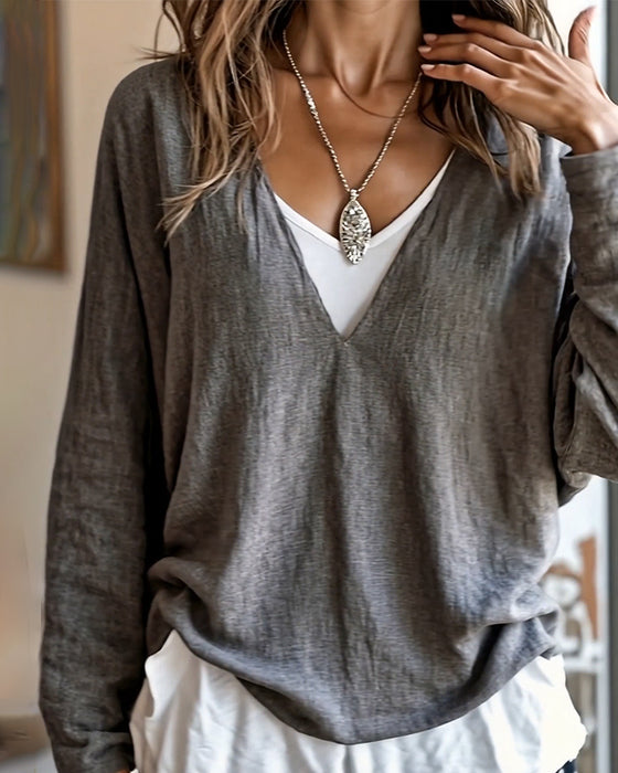 Haut À La Mode Manches Longues Couture Couleur Contrastée