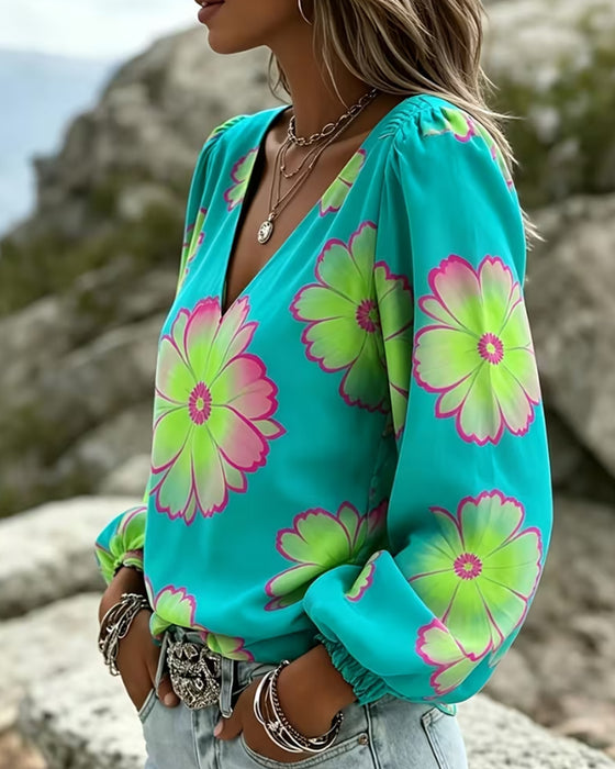 Blouse Bloc De Couleur Grand Imprimé Floral Manche Lanterne