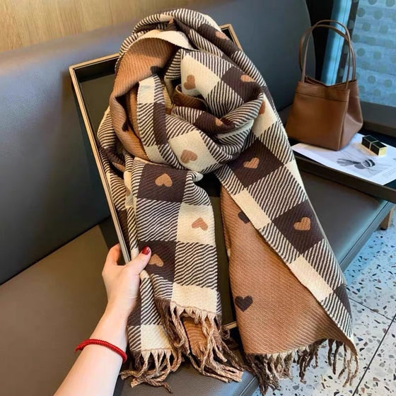 Cozy Heart Plaid Scarf – Écharpe Douce D'hiver Pour Filles Ou Couples