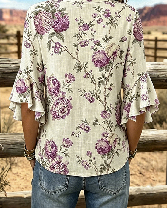 Robe Rétro Imprimé Col En V Taille Cintrée Longue