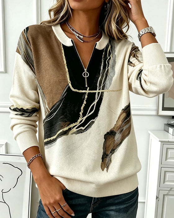Sweat-Shirt Col Rond Imprimé Demi-Zip