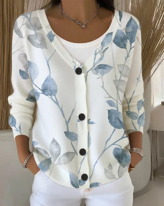 Pull Col V Bouton Feuille Imprimé