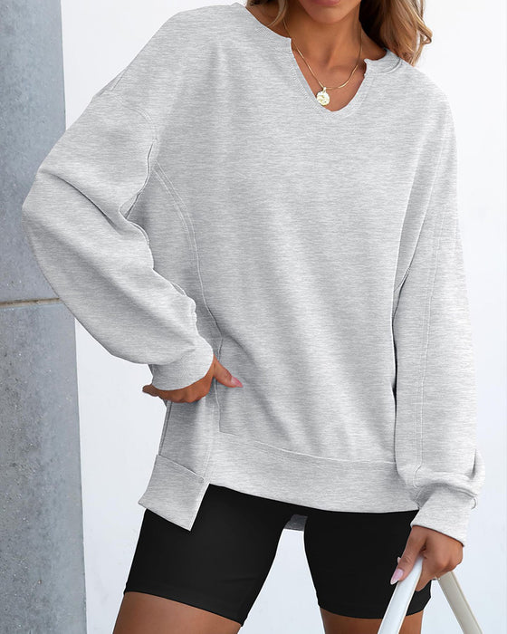 Sweat Petit Col V Ample Décontracté Manches Longue