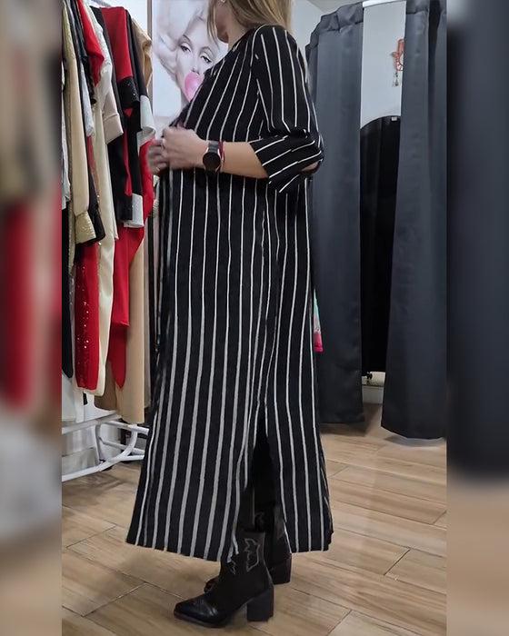 Manteau Chemise Col Bouton Rayé Fente